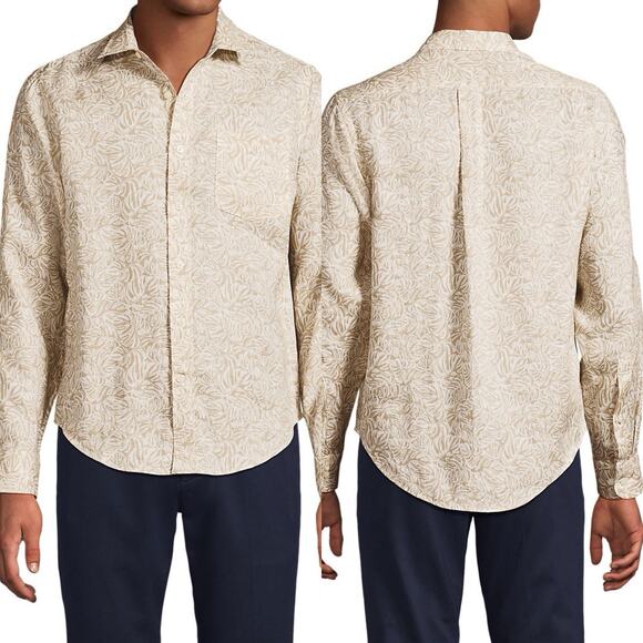 Lands End Shirt Mens Size XL 100% LINEN Long Sleeve Button Down Tropical Print - Picture 1 of 9